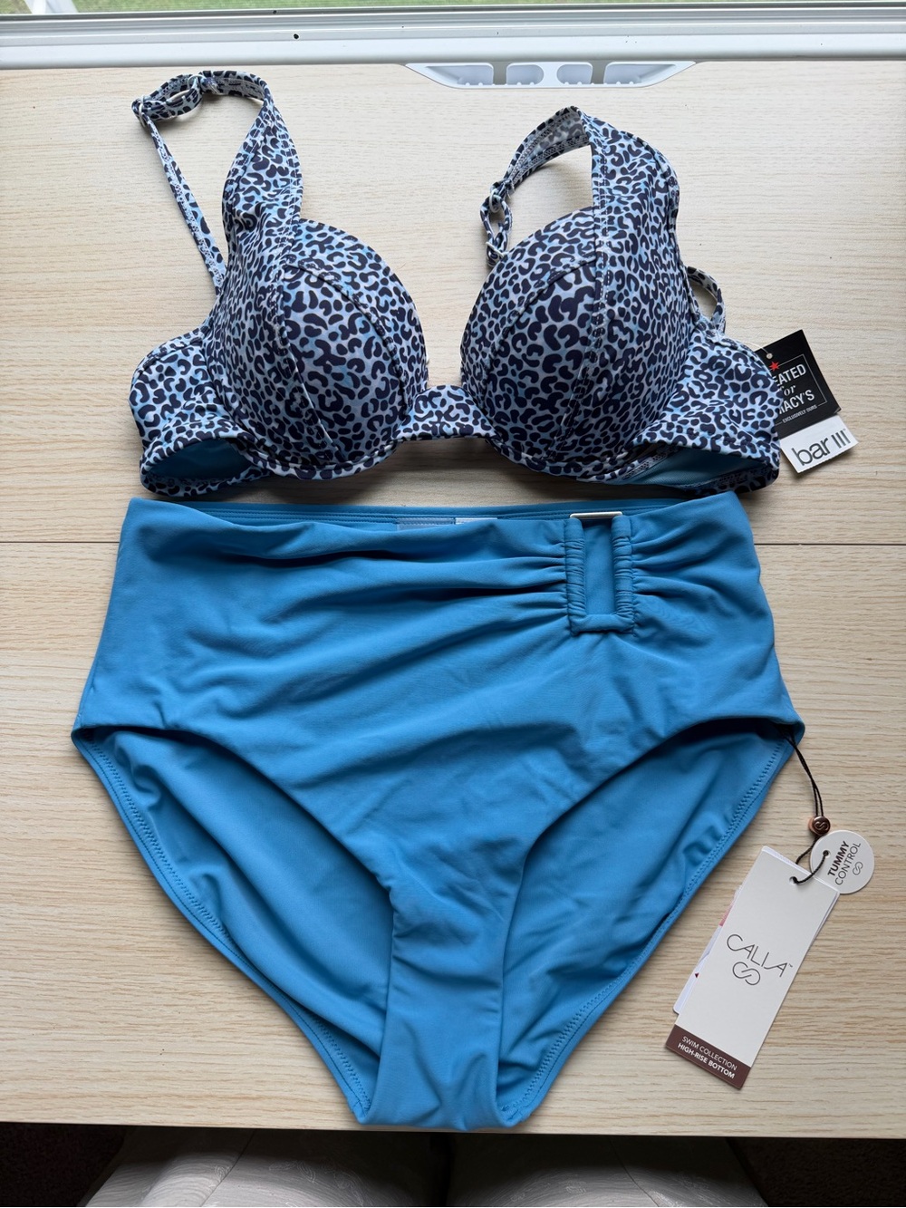 Bar III Blue Leopard Print Push-Up Bikini Top with Solid Blue High-Waist Bottoms